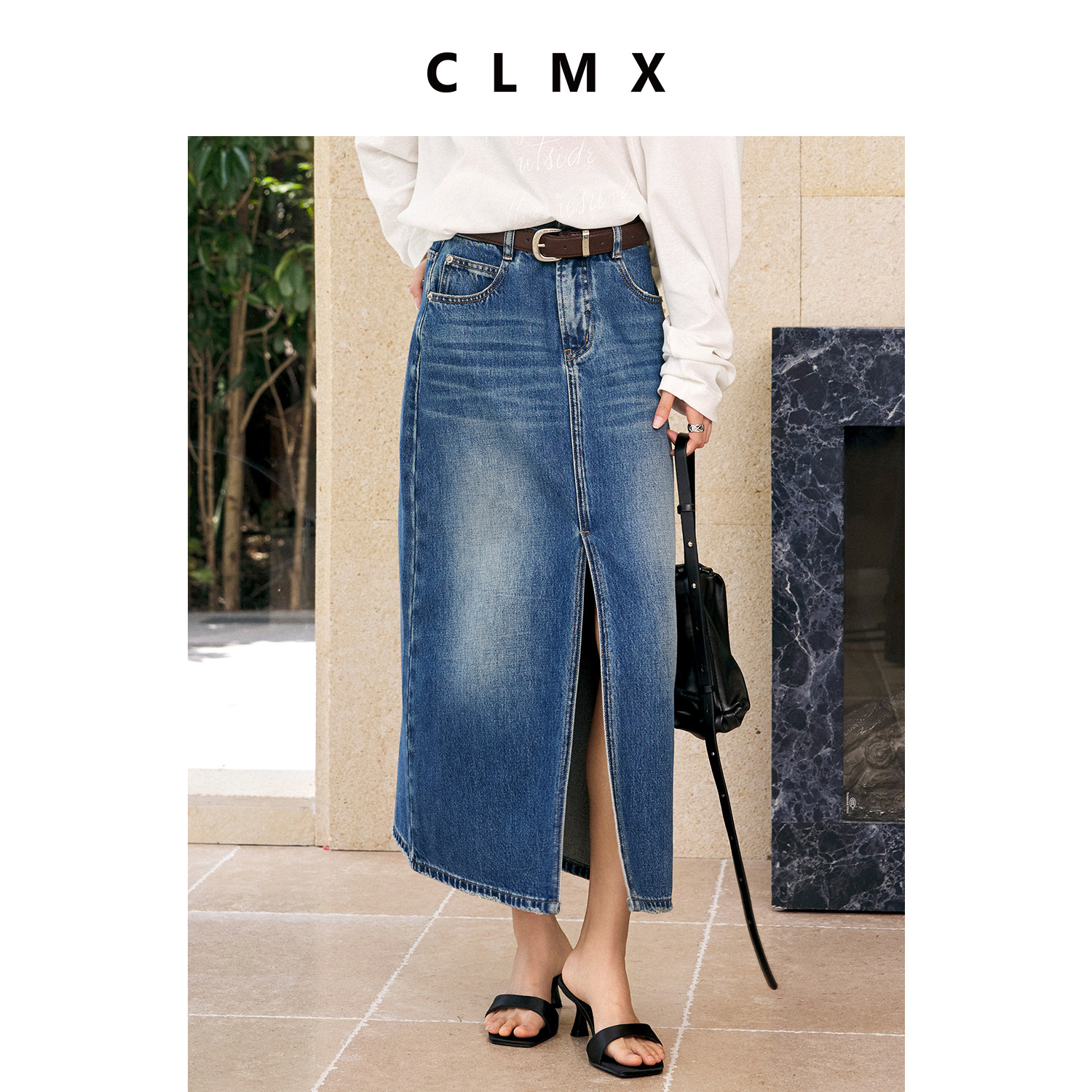 CLMX复古棉质前开叉牛仔半身裙