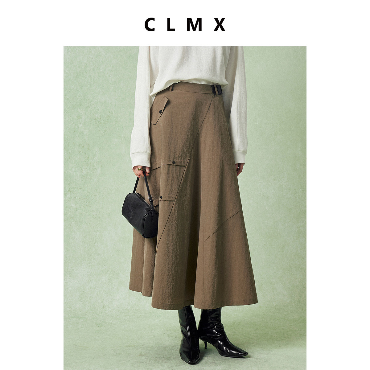 CLMX自然水洗皱缩工艺亚麻面料 时髦工装风腰带斜线分割A摆半裙