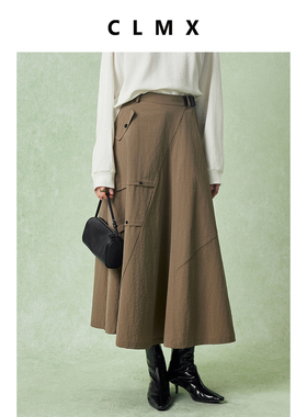 CLMX自然水洗皱缩工艺亚麻面料 时髦工装风腰带斜线分割A摆半裙