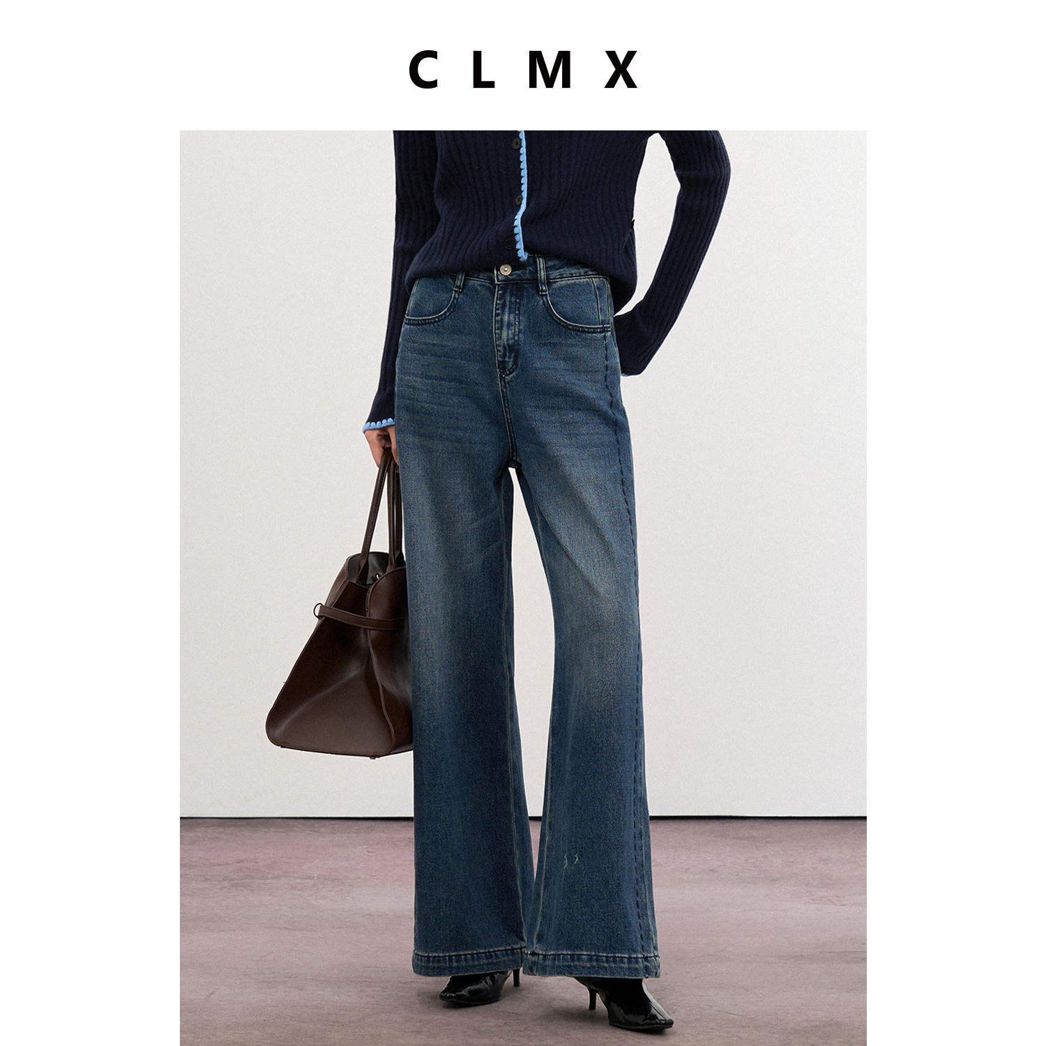 CLMX水洗宽松直筒牛仔裤侧缝前借分割显瘦高更修型秋冬通勤裤子女