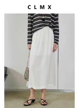 CLMX干爽垂顺易打理亚麻莱赛尔面料 休闲简约松紧腰侧开衩半身裙