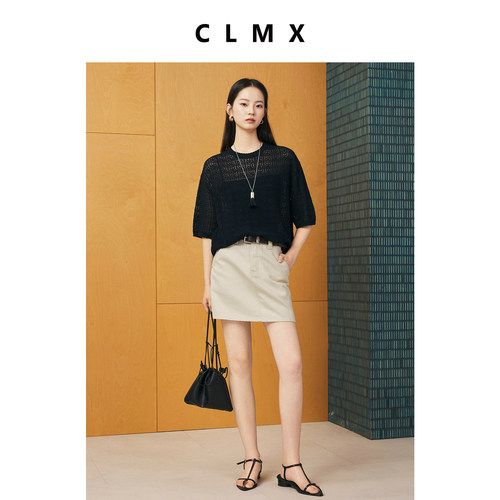 CLMX夏季绵羊毛镂空针织T恤女