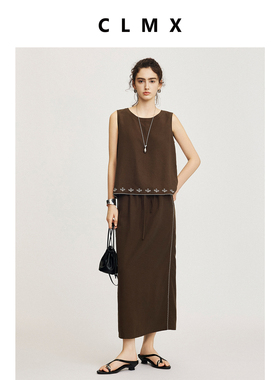 CLMX夏季休闲两件套莱赛尔面料刺绣无袖上衣/刺绣抽绳半身裙女