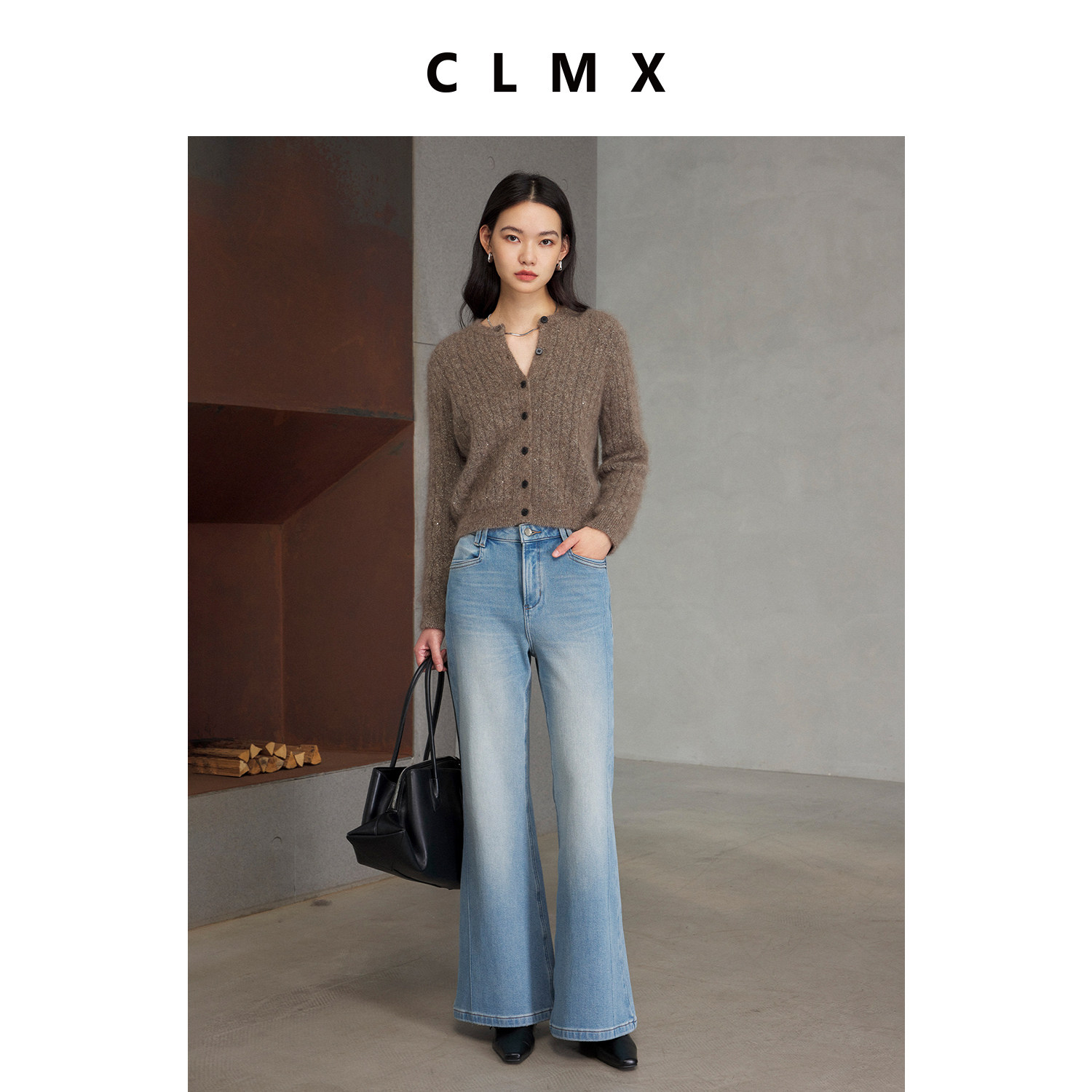 CLMX时装感柔绒马海毛小珠片银丝纱宽松廓形显瘦舒适松弛开衫毛衣