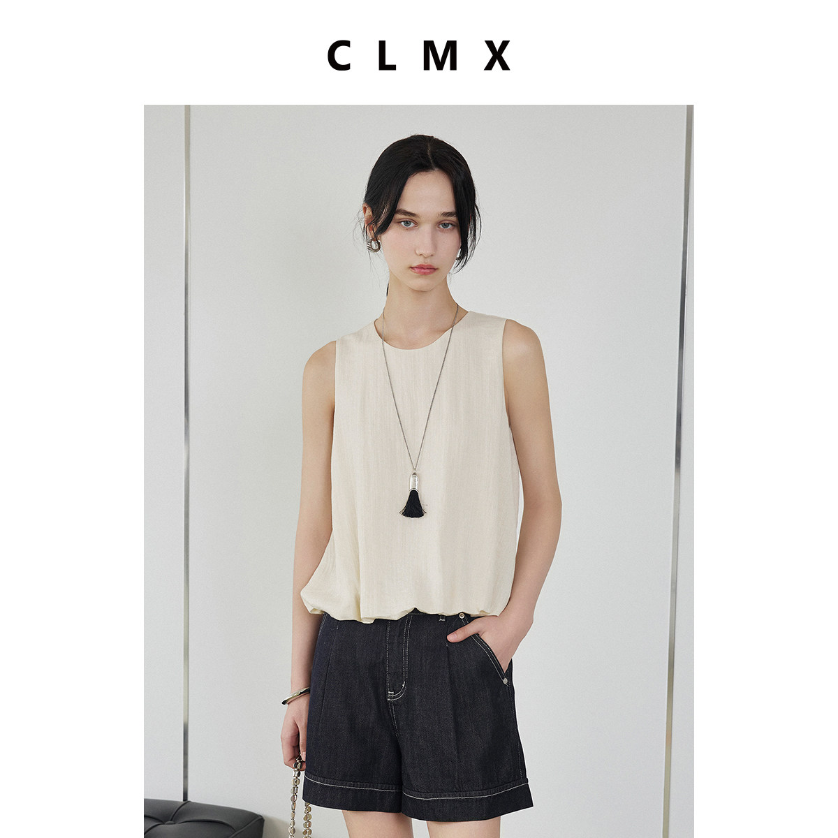 CLMX软糯筋骨透风莱赛尔棉牛仔 休闲感立体压褶显瘦牛仔阔腿短裤