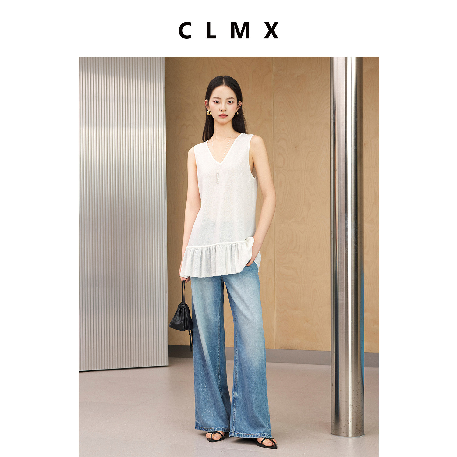 CLMX棉亚麻V领荷叶边长款背心