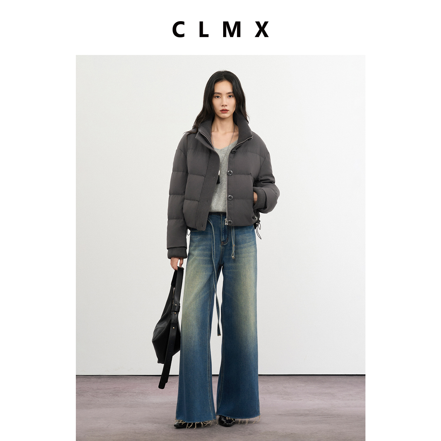 CLMX拼接毛织片立领侧抽绳泡芙羽绒服白鸭绒温暖御寒秋冬休闲上衣