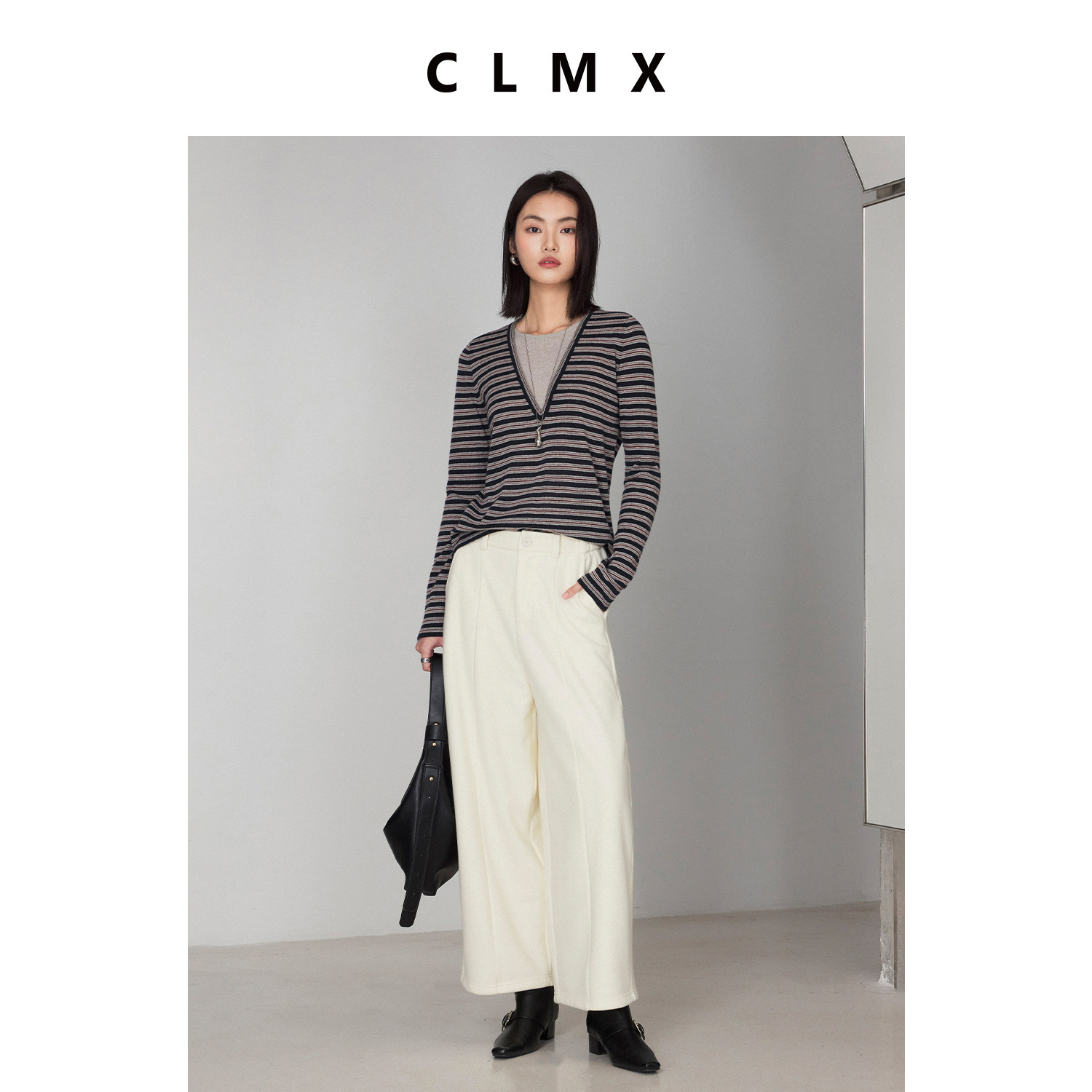 CLMX亲肤舒适绵羊毛锦纶混纺纱线正肩版型假两件条纹套头针织衫女