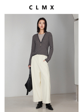 CLMX亲肤舒适绵羊毛锦纶混纺纱线正肩版型假两件条纹套头针织衫女
