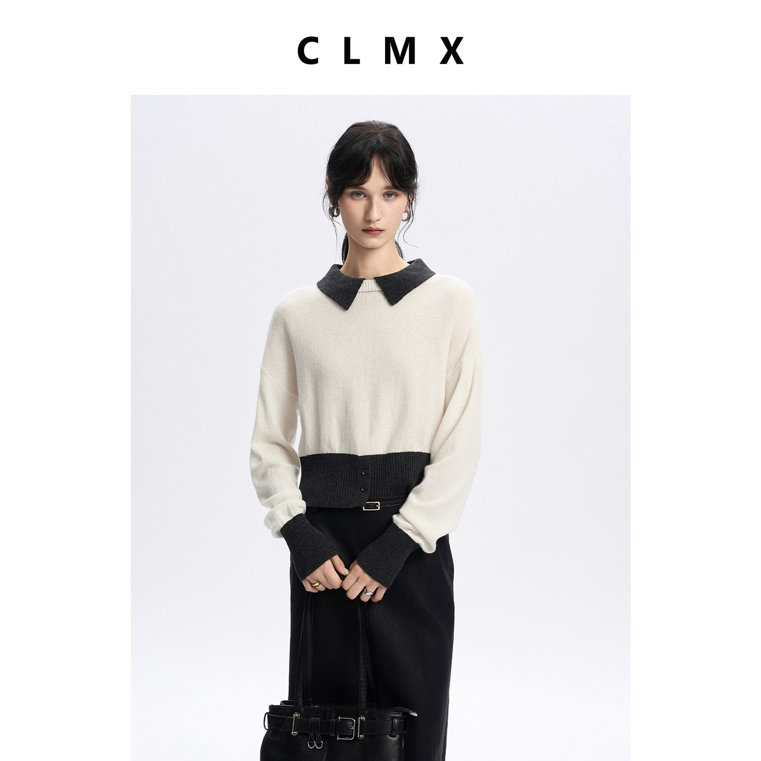 CLMX复古假两件撞色领长袖套头针织衫100%绵羊毛纱线休闲毛衣女