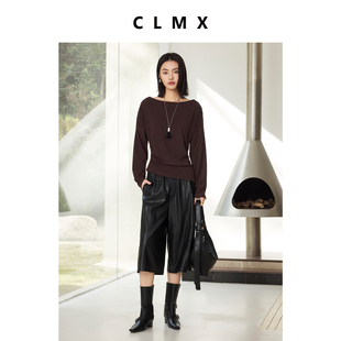CLMX混纺针织面料四面微弹柔软贴身松弛一字领腰部压褶不对称上衣