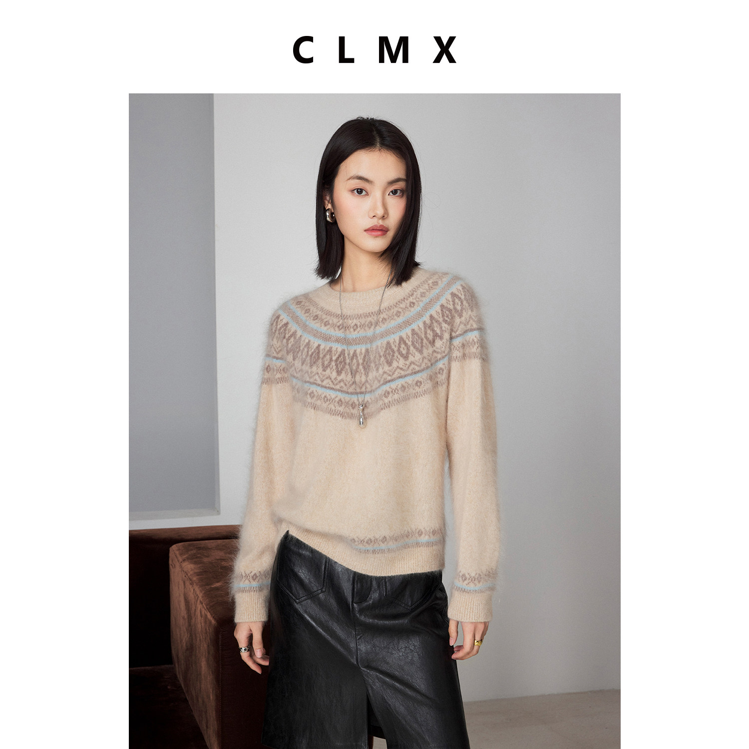 CLMX拉绒工艺18支绵羊毛纱线针织衫微宽松版型费尔岛提花圆领毛