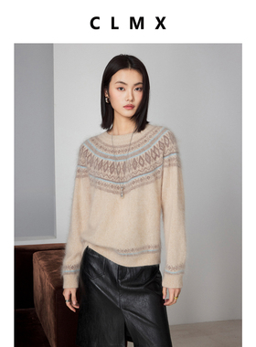 CLMX拉绒工艺18支绵羊毛纱线针织衫微宽松版型费尔岛提花圆领毛衣