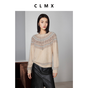 CLMX拉绒工艺18支绵羊毛纱线针织衫微宽松版型费尔岛提花圆领毛衣