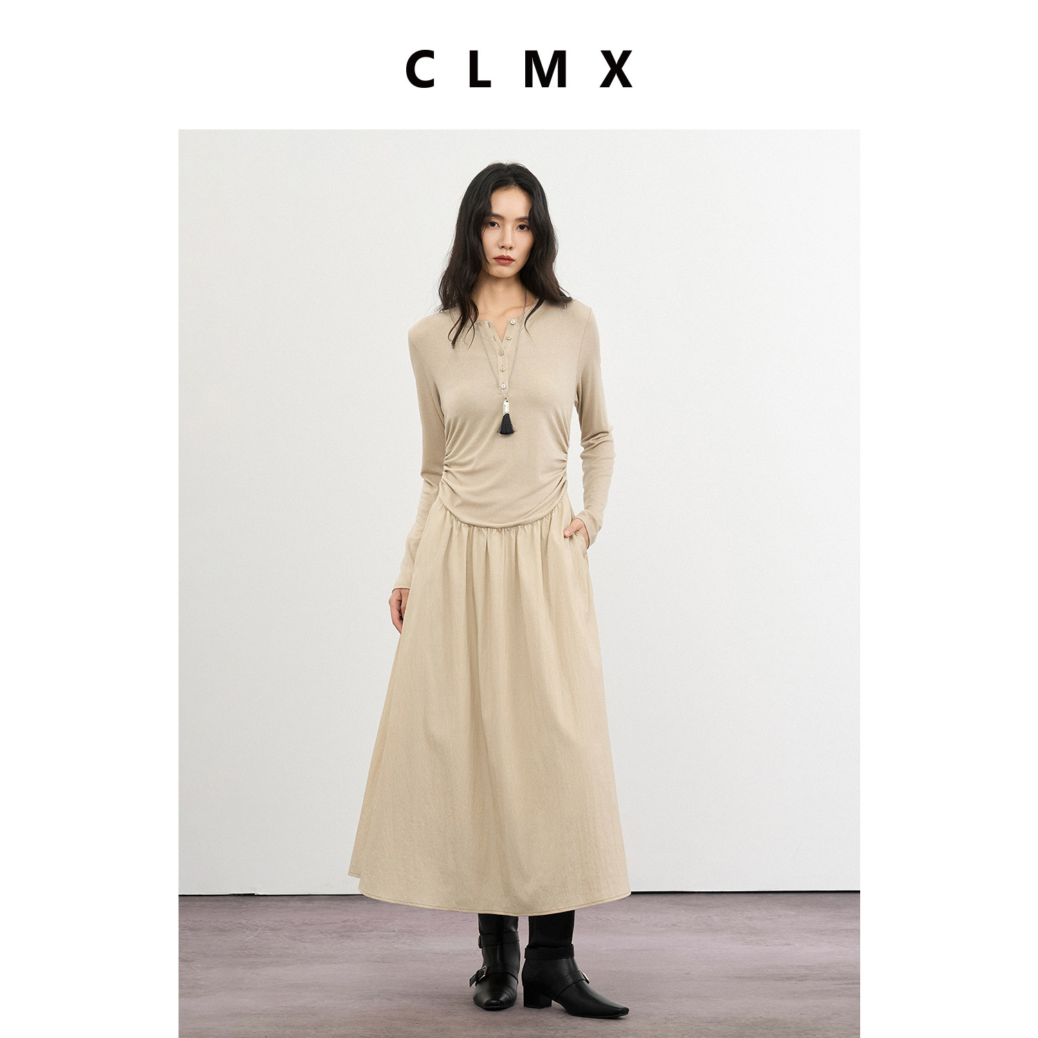 CLMX 拼接长袖半开襟连衣裙舒适时髦女冬季通勤内搭气质长裙子