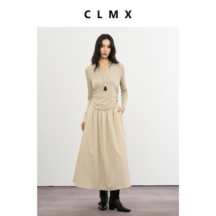CLMX拼接长袖半开襟连衣裙舒适时髦兼具醋酸再生纤维绵羊毛混纺纱