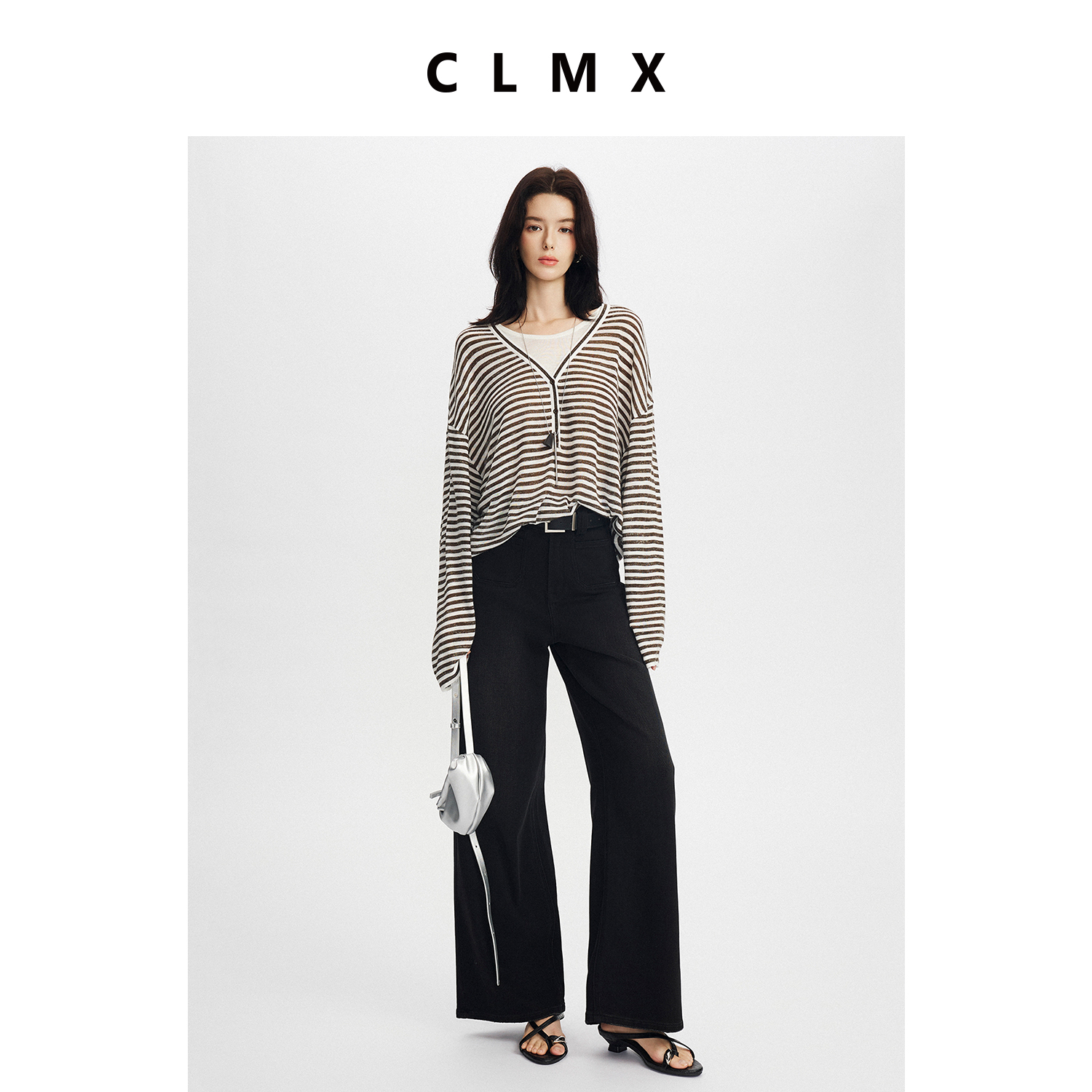 CLMX条纹上衣干爽轻薄亚麻混纺条纹幻彩纱面料假两件针织衫女