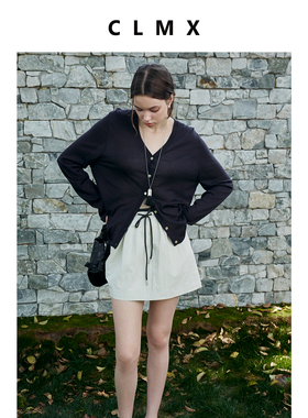 CLMX轻户外特殊水洗棉锦混纺面料 百搭通勤橡筋腰头纯色抽绳短裙