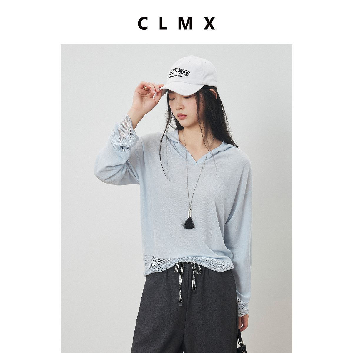 CLMX时装雾光感干爽细支亚麻纱 呼吸感网洞镂空休闲连帽针织衫