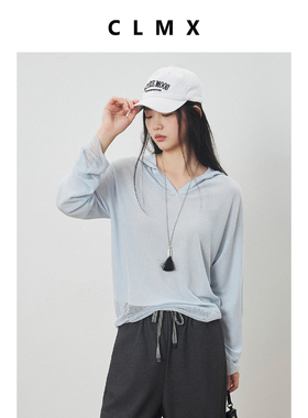 CLMX时装雾光感干爽细支亚麻纱 呼吸感网洞镂空休闲连帽针织衫