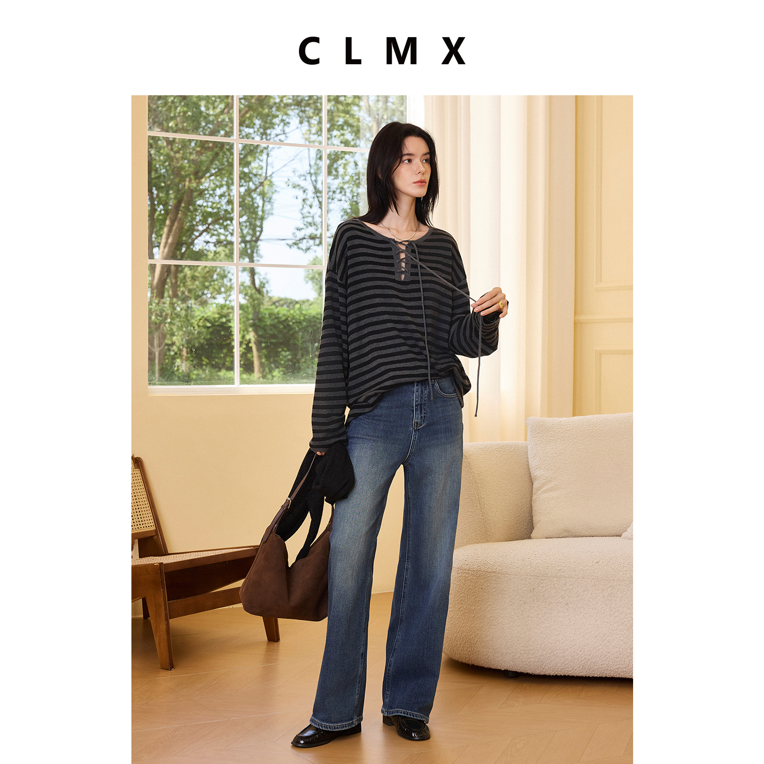 CLMX复古高腰直筒牛仔裤四面微弹莱赛尔棉混纺面料水洗长裤女