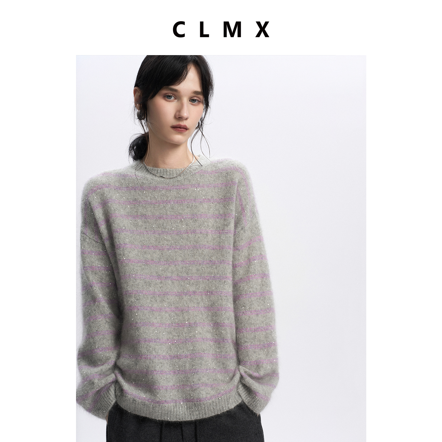 CLMX钻光织语复古条纹圆领长袖针织衫马海毛混纺纱面料休闲毛衣女