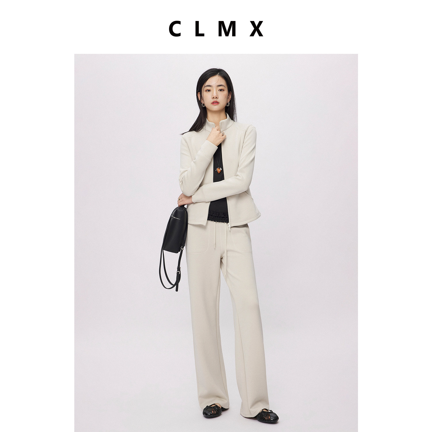 CLMX莫代尔混纺空气层弹力针织布VTG风格运动立领上衣/休闲裤套装