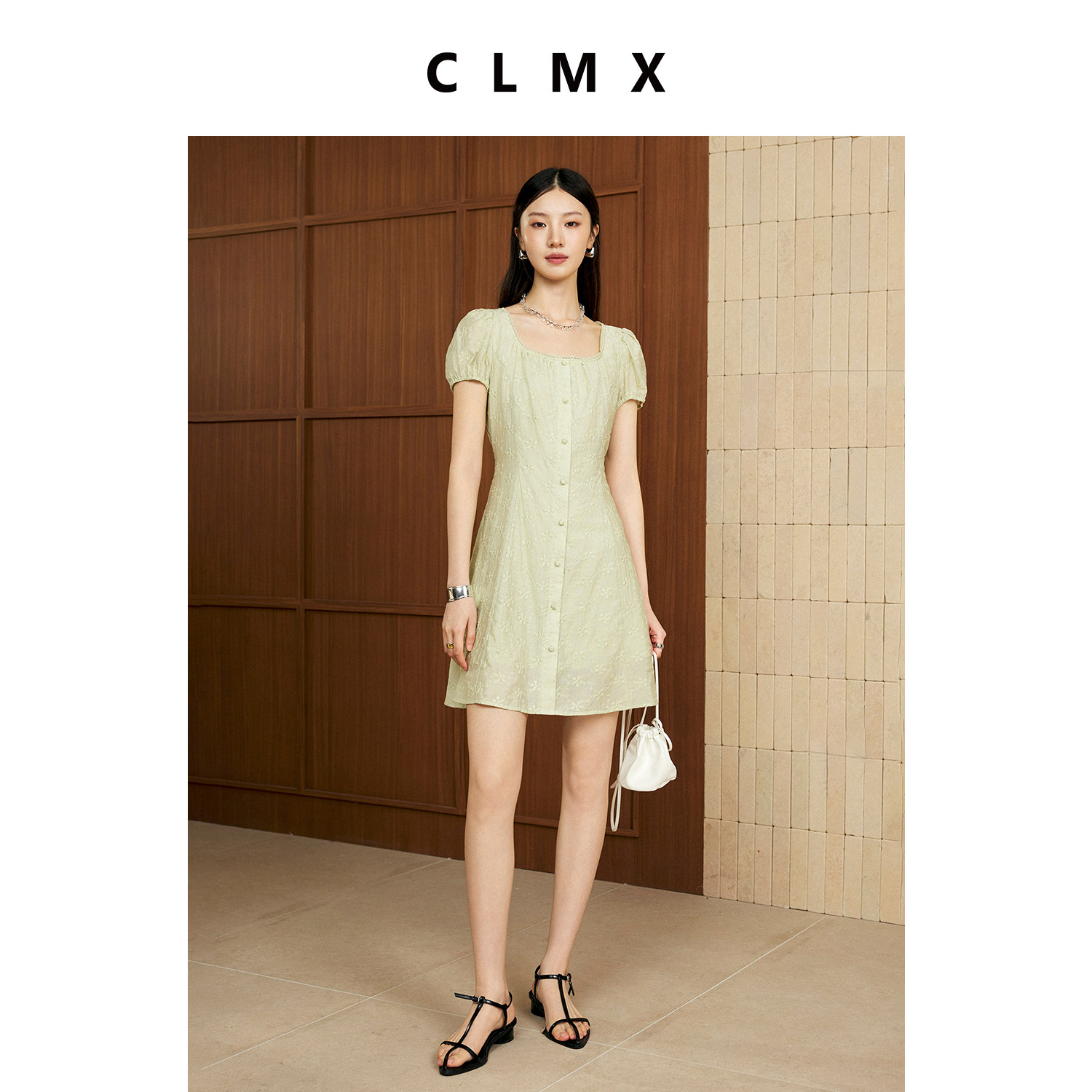 CLMX法式复古方领泡泡袖连衣裙