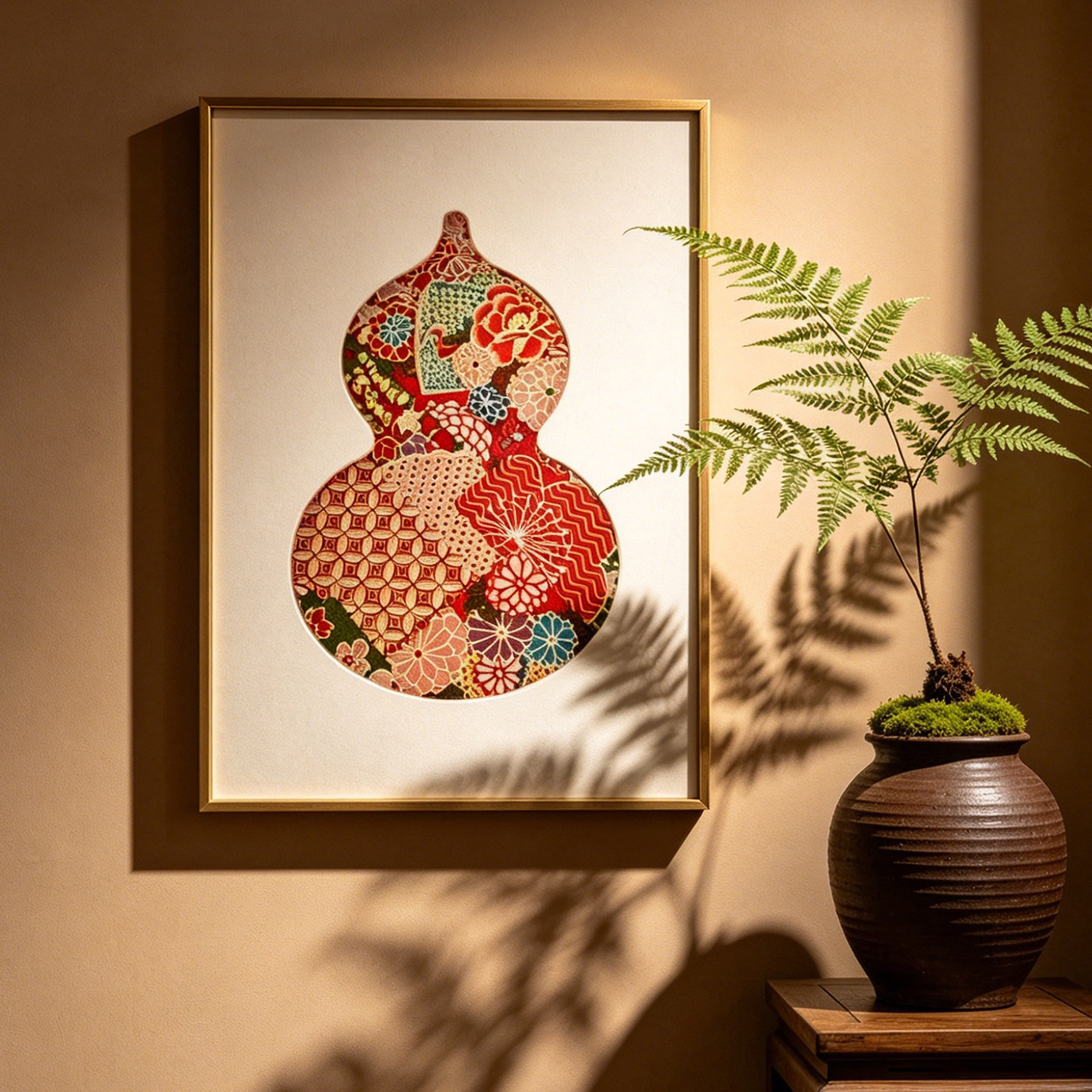 葫芦福禄入户玄关装饰画中古风客厅背景墙红色福字葫芦挂画摆件