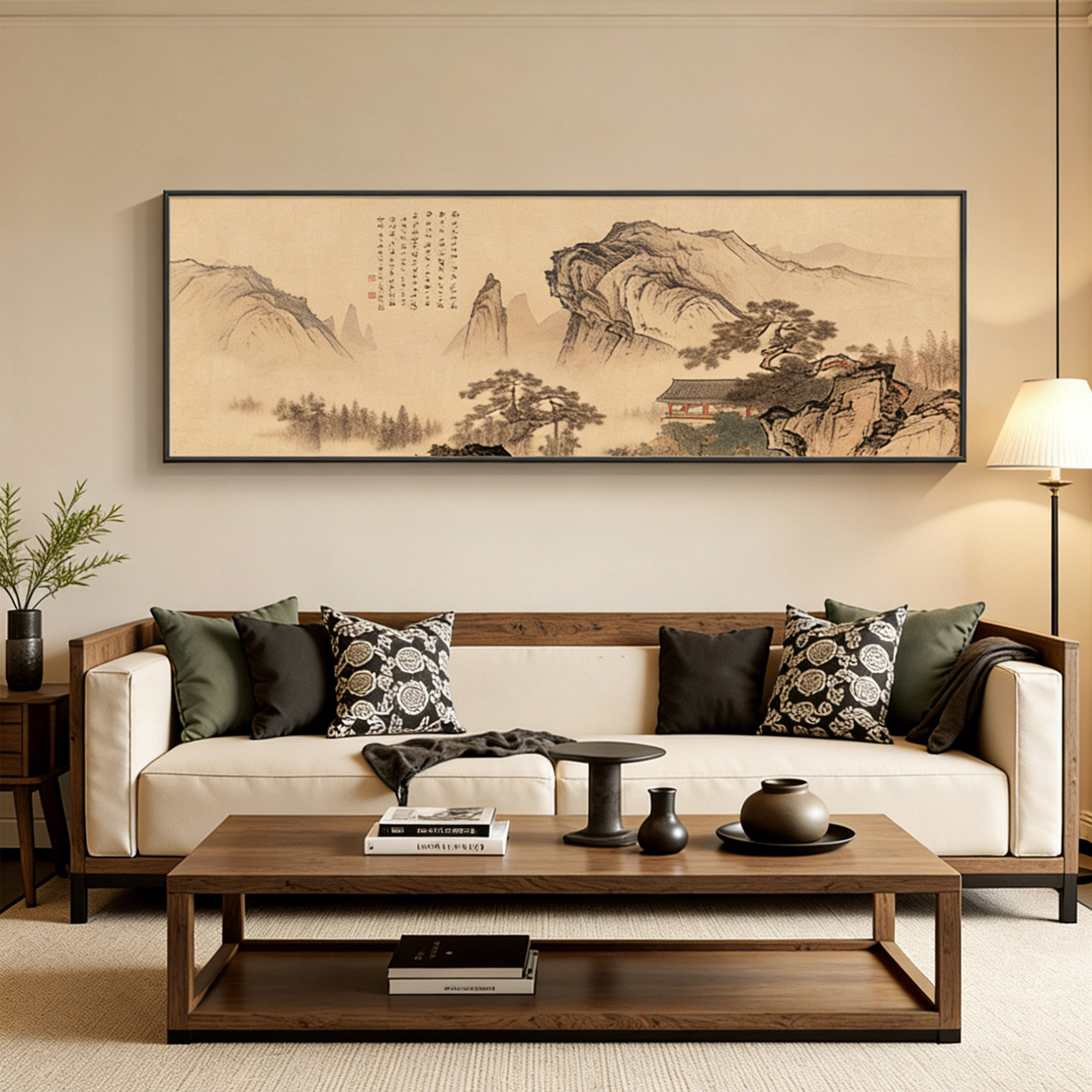 中古风沙发客厅装饰画宋式美学背景墙面挂画大气山水高级感壁画