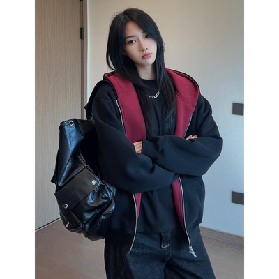 美式硬挺连帽卫衣男拼色廓形外套