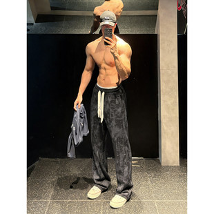 扎染复古灯芯绒裤子男款冬季美式健身加绒运动卫裤显瘦休闲微喇裤