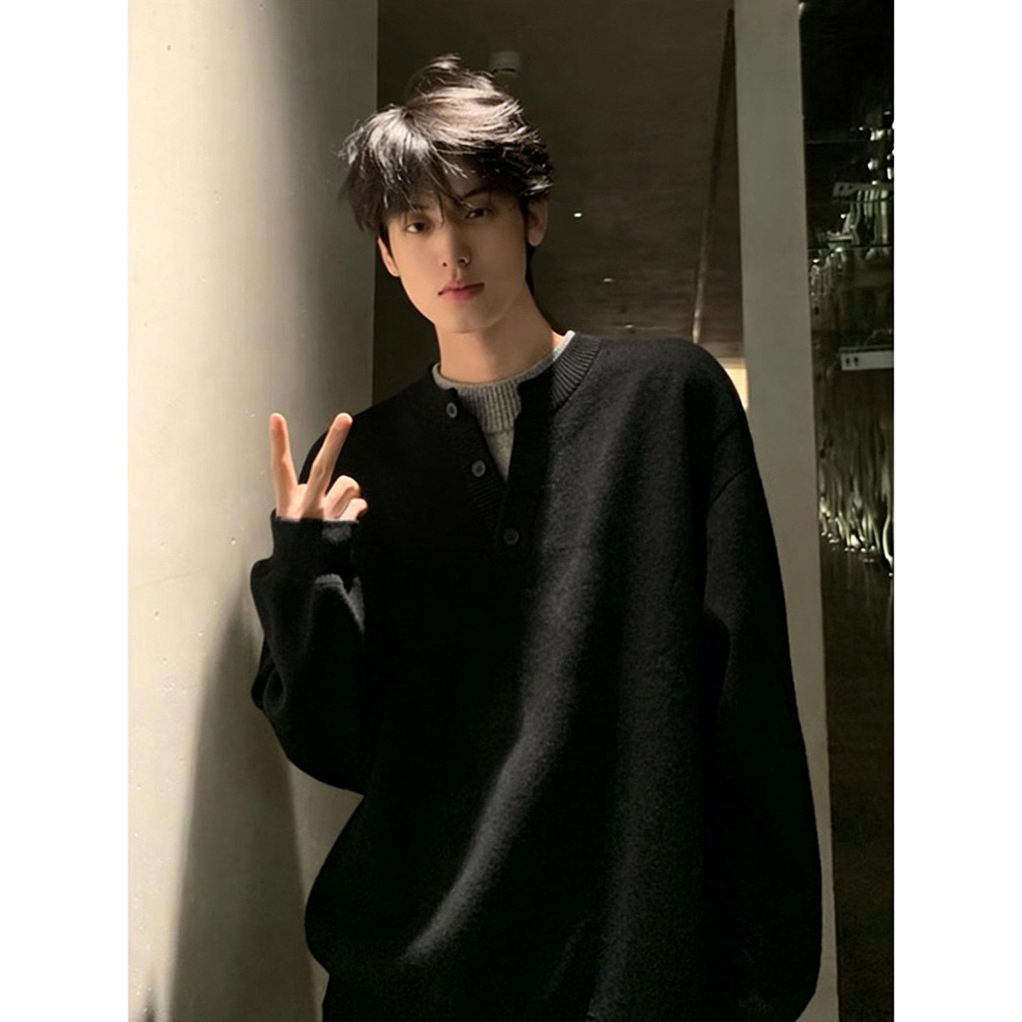 假两件黑色亨利领毛衣男款秋冬加厚打底针织衫高级感慵懒情侣外套