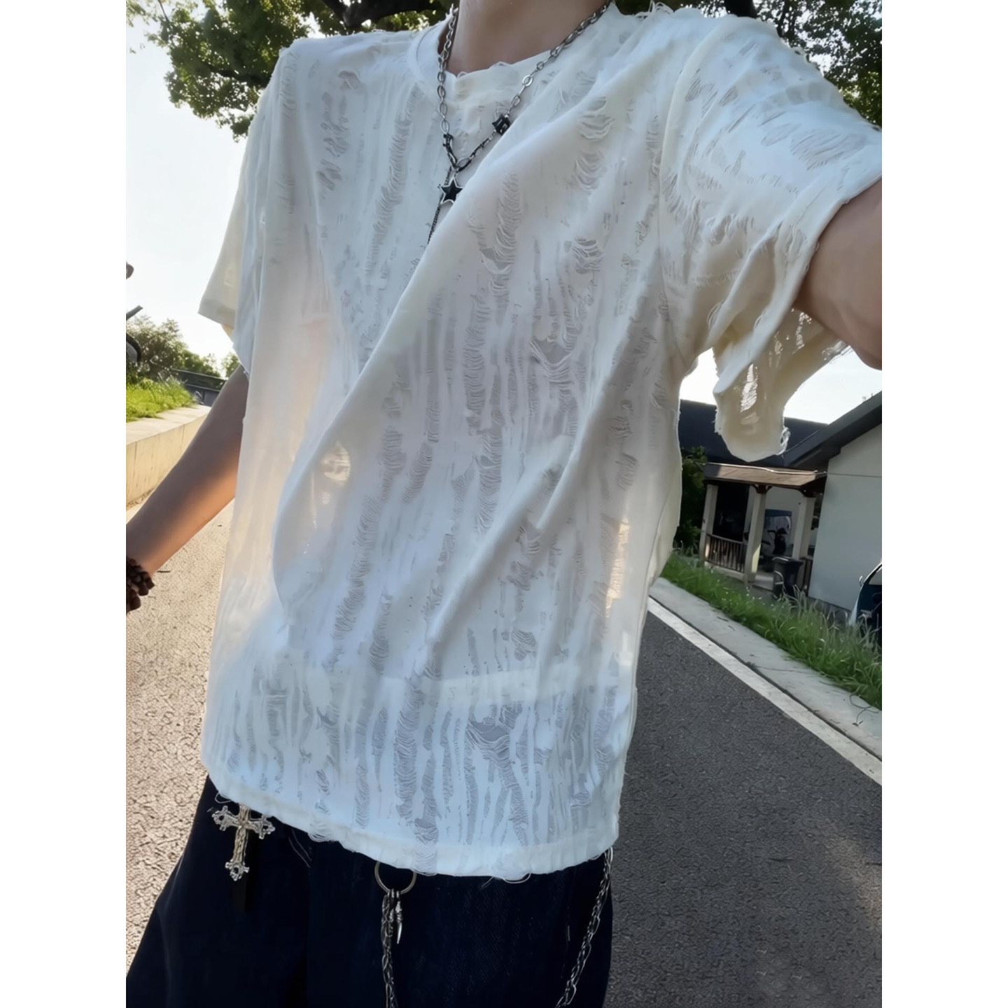 白色破洞镂空设计感短袖男款夏季美式高街痞帅t恤轻薄透气半截袖
