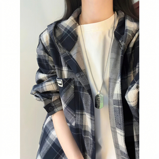 美式复古磨毛格子衬衫男款秋冬连帽长袖衬衣外搭开衫情侣工装外套