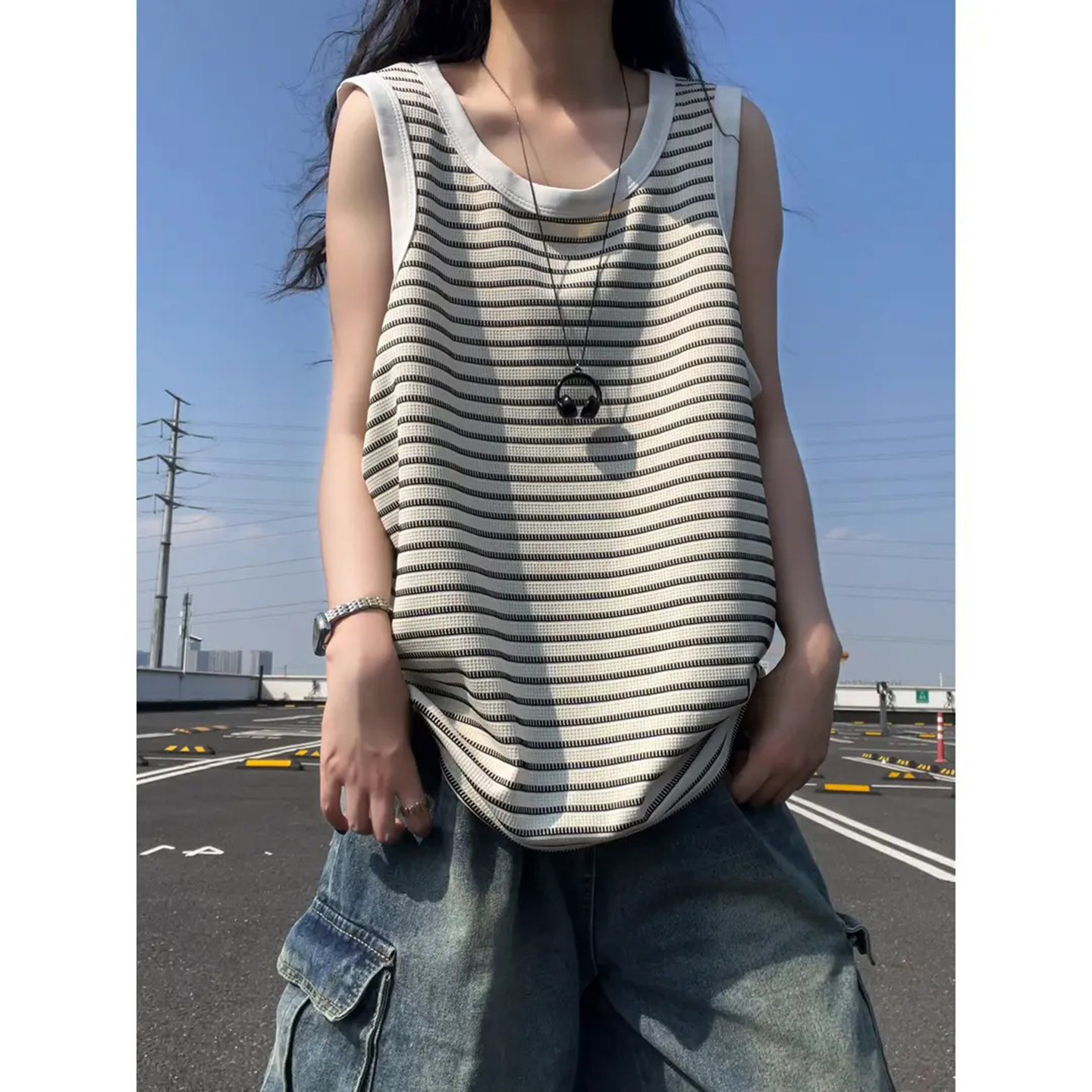 黑白条纹美式无袖t恤男夏季宽松图片