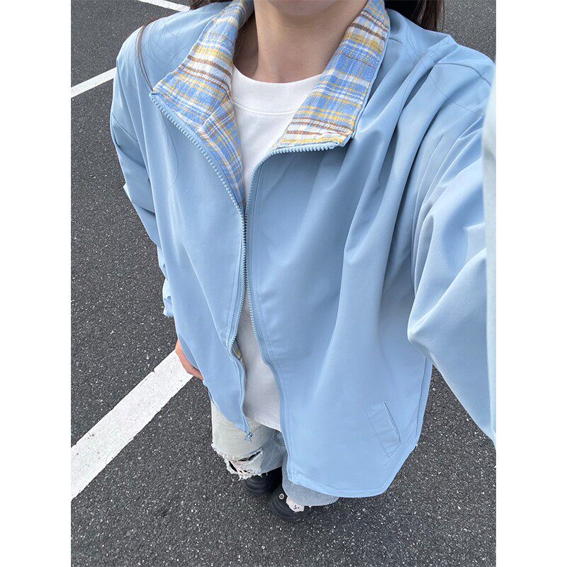 美式翻领格纹夹克男女款秋季蓝色小香风短款外套情侣装软壳冲锋衣,男装,夹克,淘宝优惠券,粉丝福利购,淘宝优惠卷