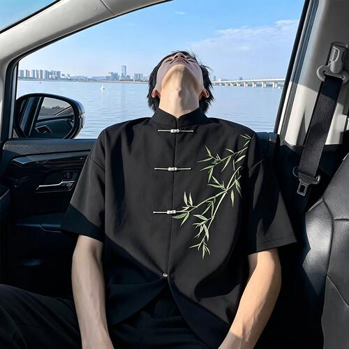 新中式绿竹刺绣短袖衬衫男士夏季