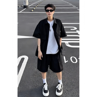 短袖 一整套 潮牌美式 涼感速干運(yùn)動(dòng)休閑套裝 復(fù)古工裝 短褲 男夏季 襯衫
