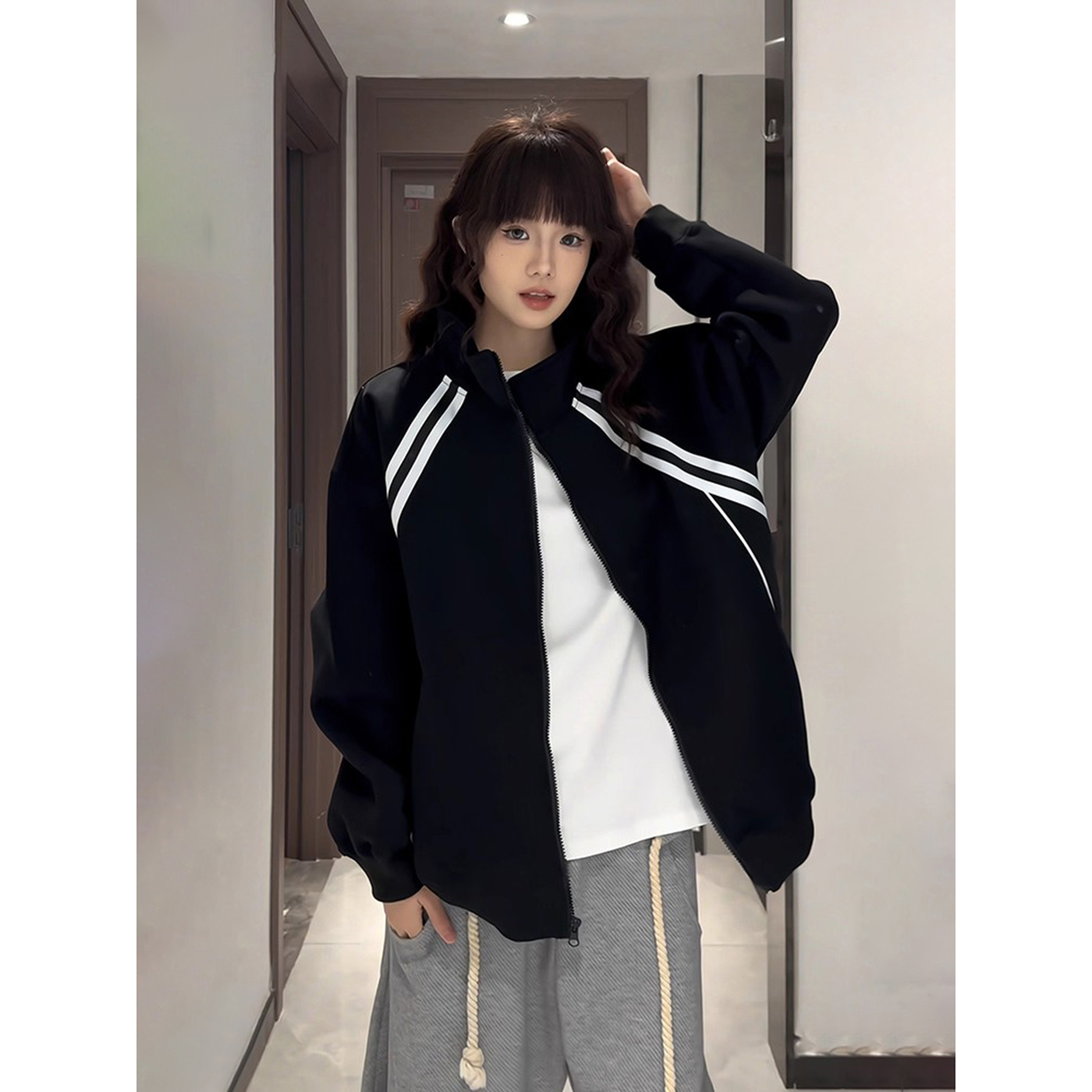 美式复古条纹外套男女学院风卫衣