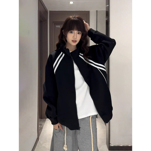 黑色美式复古条纹外套男女秋冬青少年学院风卫衣重磅立领运动夹克