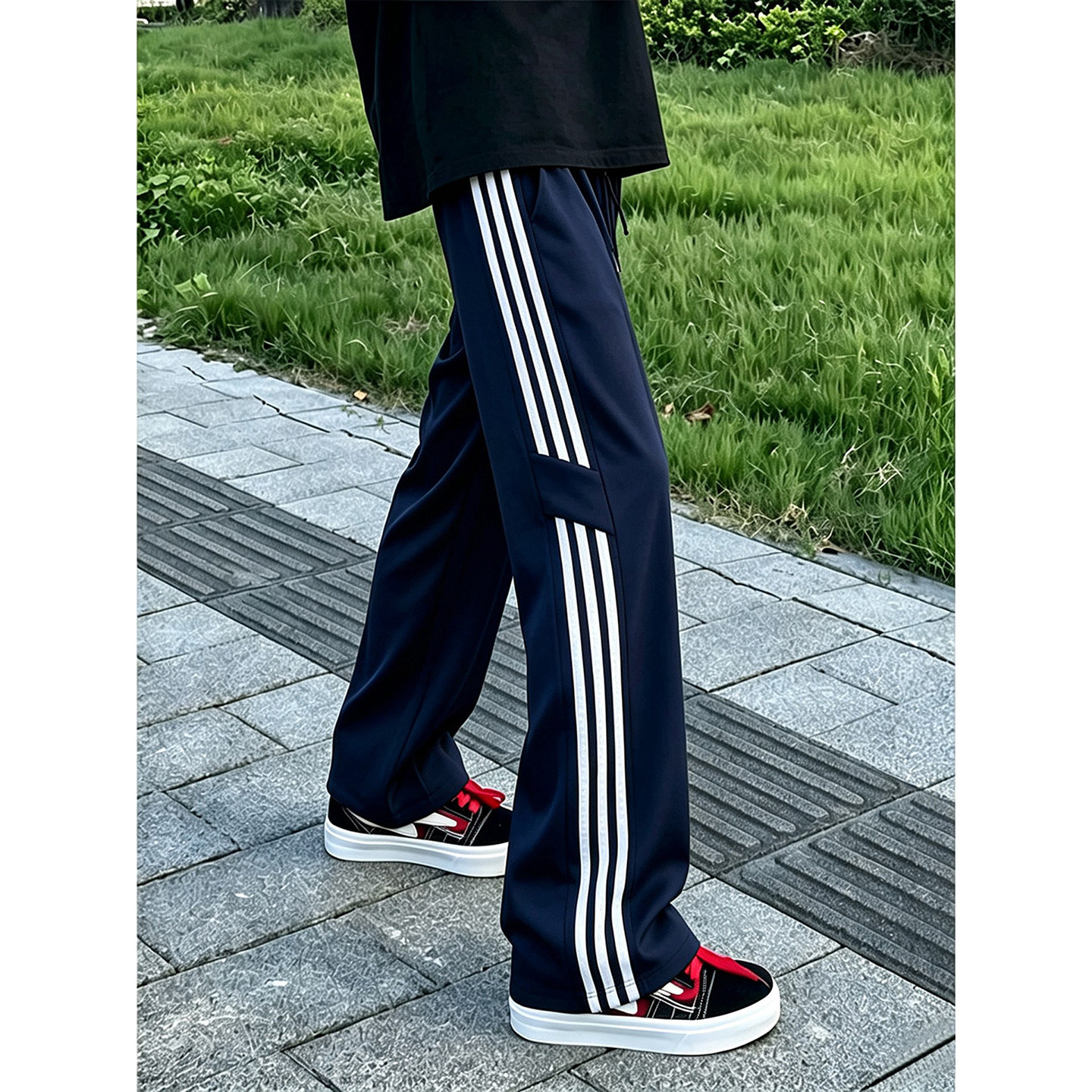 藏青色美式条纹运动裤男款夏季图片