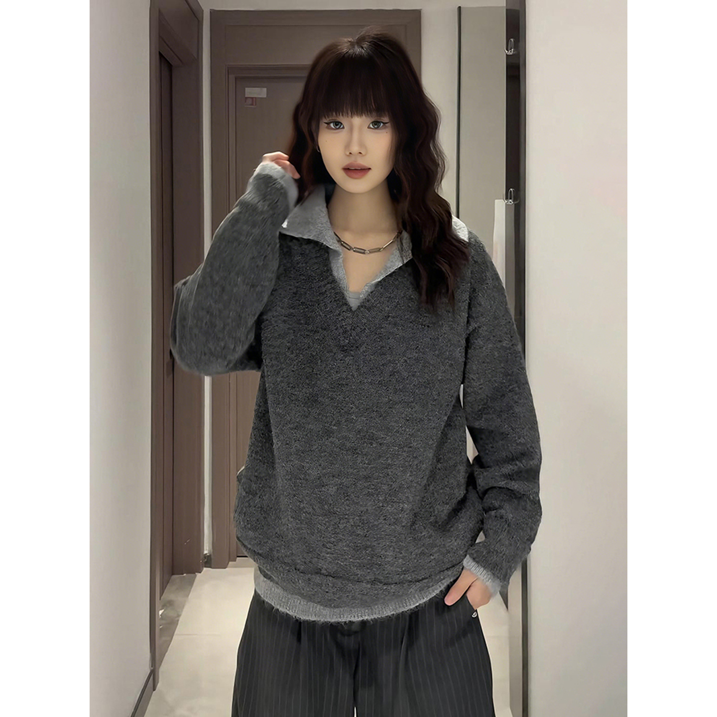 假两件V领毛衣秋冬polo领针织衫