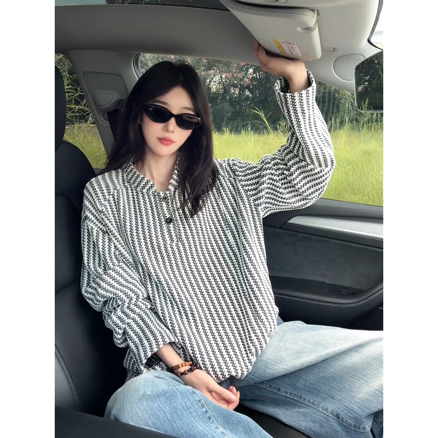 鱼骨纹美式亨利领卫衣男款千鸟格