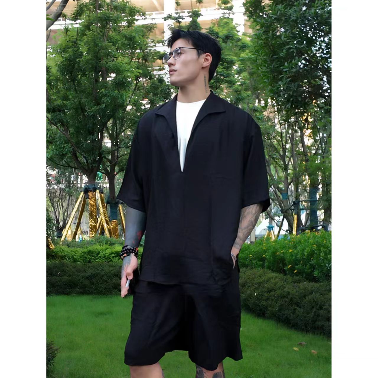 黑色凉感假两件套装男女士夏季薄款冰丝透气高级感短袖短裤一整套