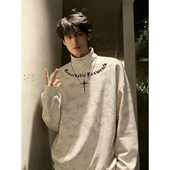 扎染半高领德绒打底衫 t恤重磅加绒保暖卫衣 字母印花长袖 男款 冬季