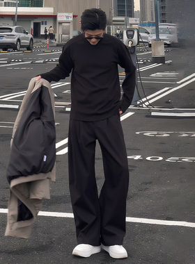 黑色弯刀加绒加厚西裤男款冬季痞帅高级感裤子直筒垂感阔腿微喇裤