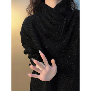 满天星美式斜拉链卫衣男女款秋冬加绒长袖t恤正肩立领内搭打底衫