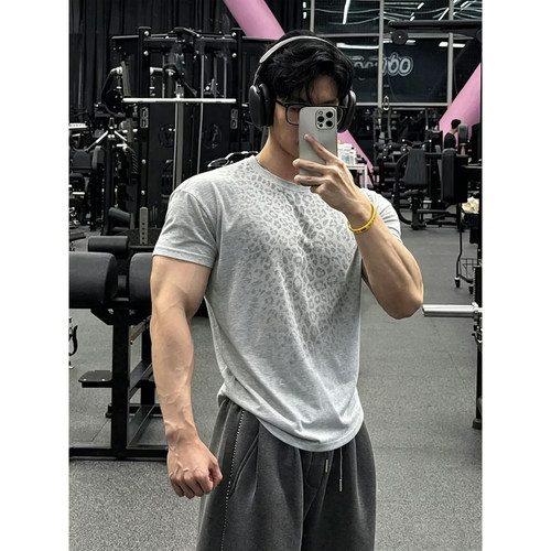 美式汗显豹纹短袖男款夏季显壮