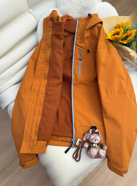 橙色软壳三合一冲锋衣外套男冬季加绒加厚保暖棉衣连帽户外登山服